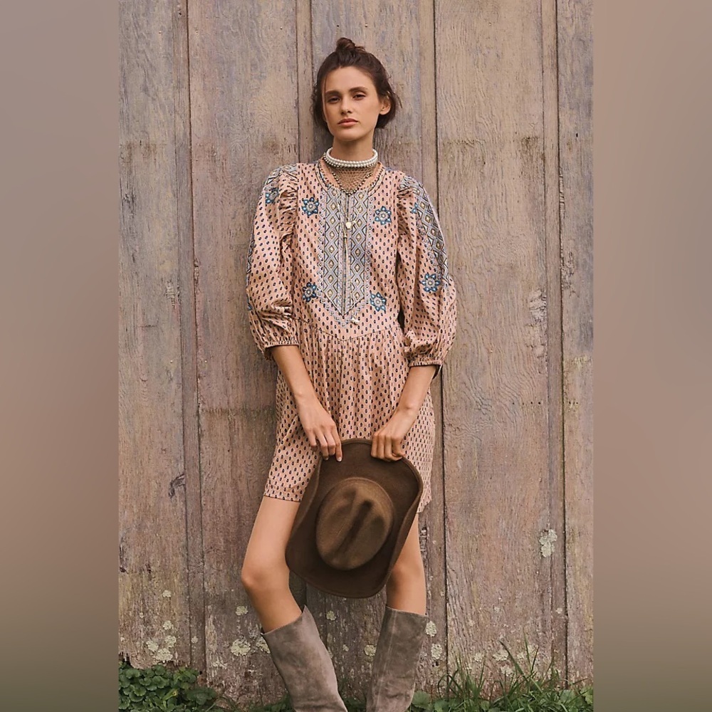 NWT By Anthropologie Embroidered Tunic Mini Dress in Peach Size Small. - Picture 13 of 14
